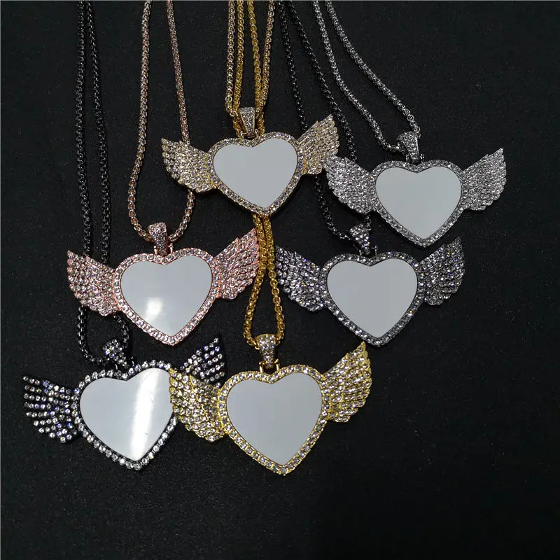 sublimation blank heart wings necklaces pendants with stainless steel chains  jewelry consumables 10pcs/lot