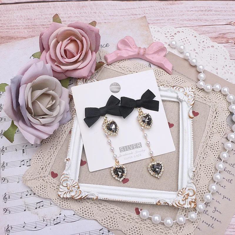 라인 석이있는 로리타 JK 스타일 귀걸이 달콤한 수제 활 진주 체인 여성 귀걸이 귀걸이 925 실버 바늘 클립