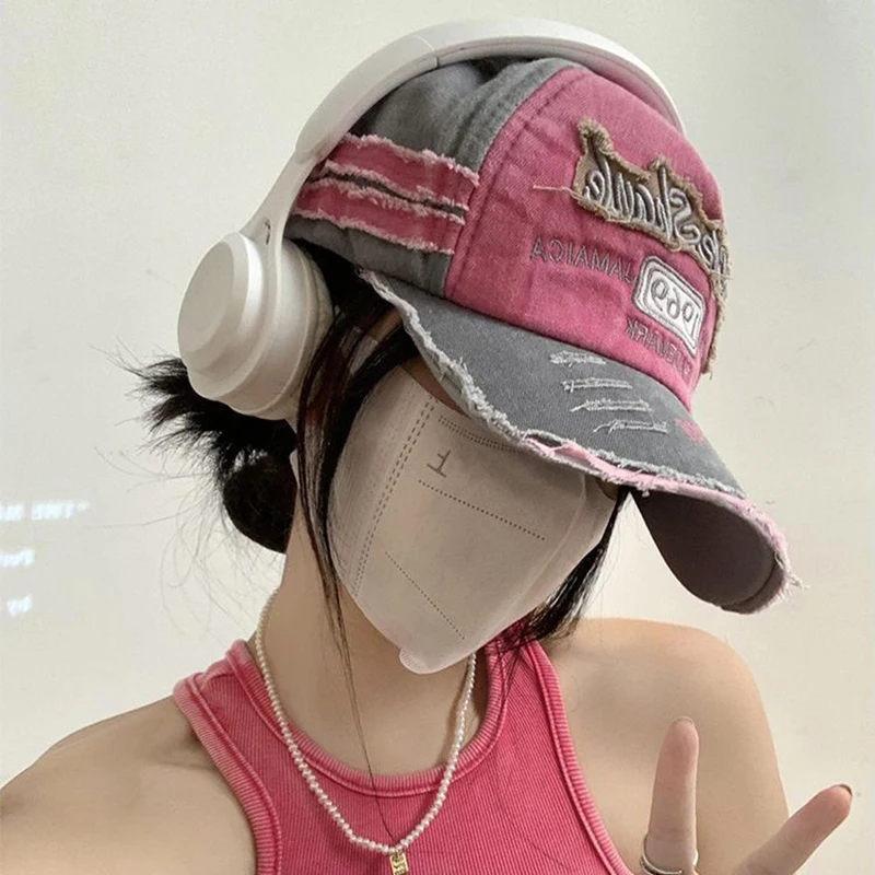 Pink Baseball Hat Korean Y2K Girl Peaked Cap Hip Hop Holes Letter Duck Tongue Cap Women Long Brim Visors Cotton Casual Bonnet