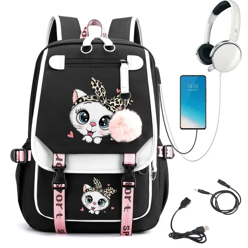 Mochila escolar alta para meninas, Impressão engraçada do gato do leopardo, USB, Menina adolescente, Bolsas de estudantes