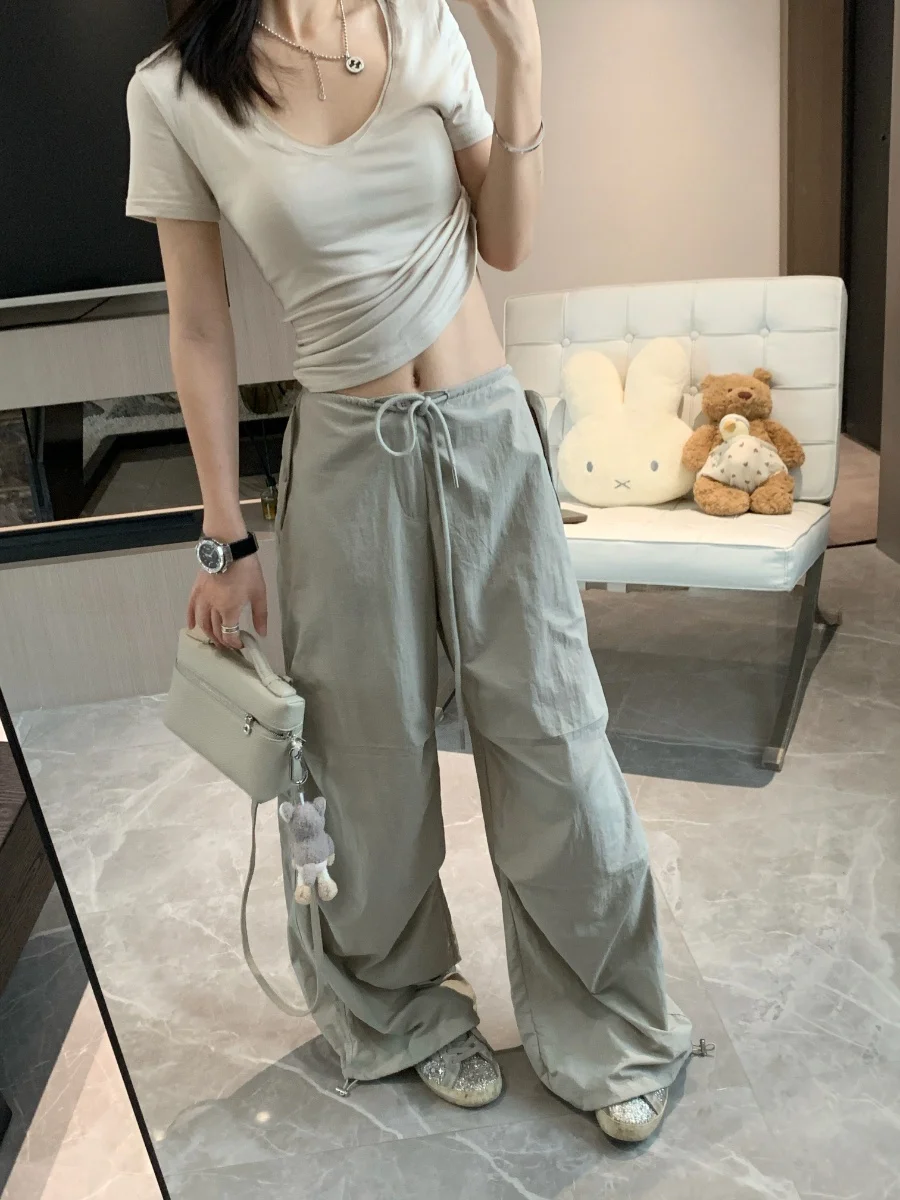 

Легкие летние брюки Bling Bubble цвета хаки с завязками на талии, широкие, универсальные, свободные, повседневные, рабочие, прямого кроя, с высокой талией, длинные