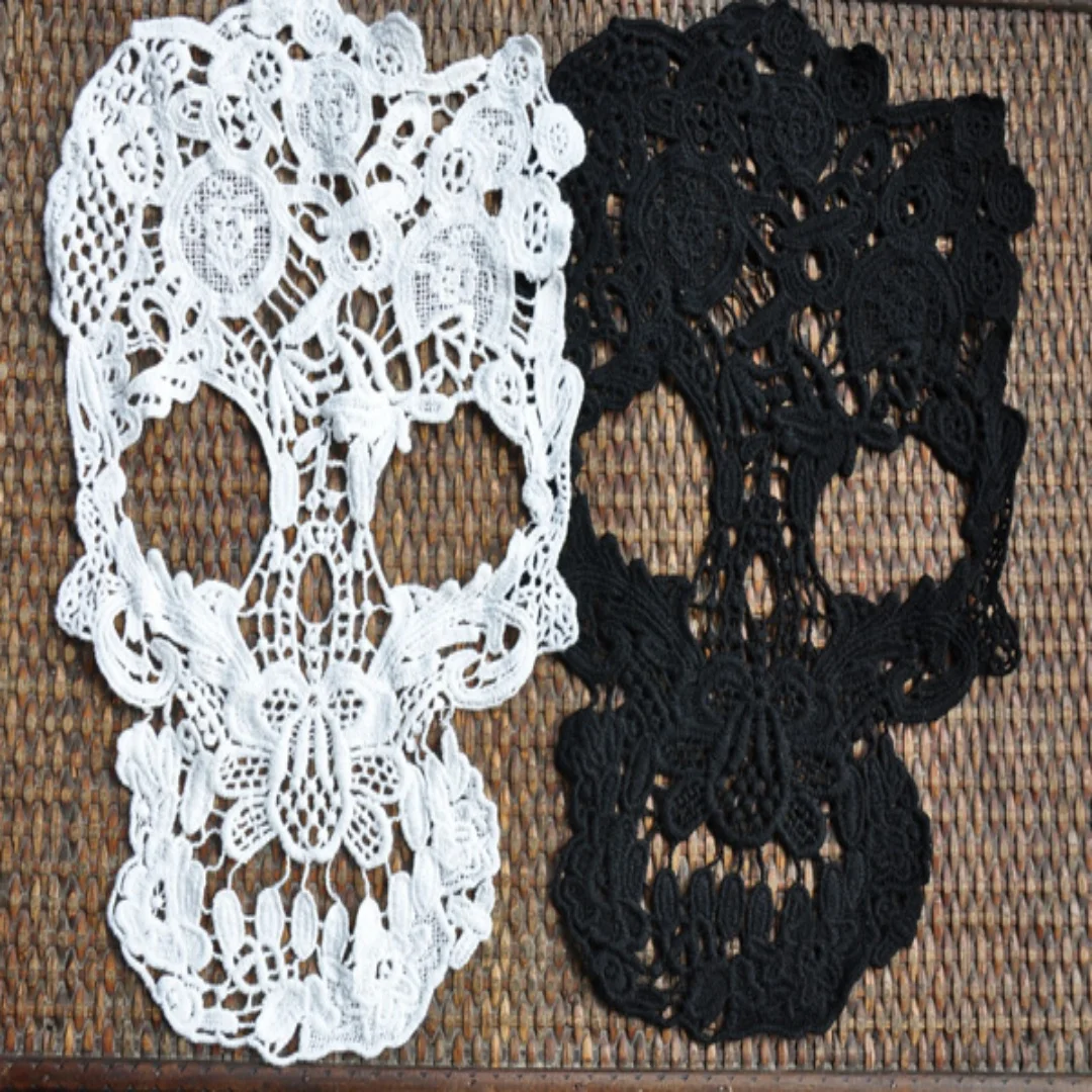 1 piece beige/ivory.black embroidered appliques,Cotton skull clothing patch,Applique lace for clothes bag