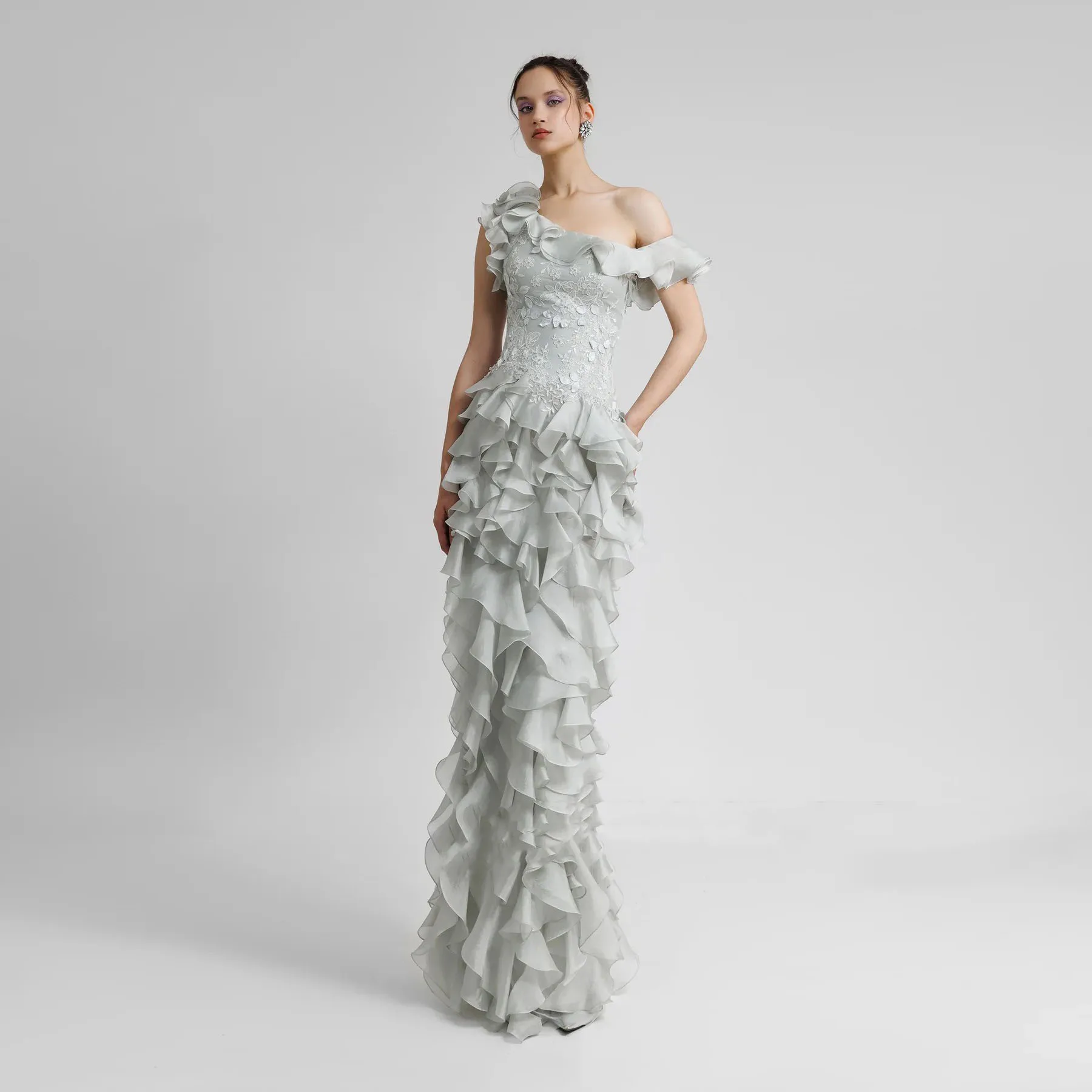 Maxi Applique Gorgeous Satin Silver Long Party Prom Gowns Layered Off The Shoulder Elegant Evening Gown For Women Arabian Dress