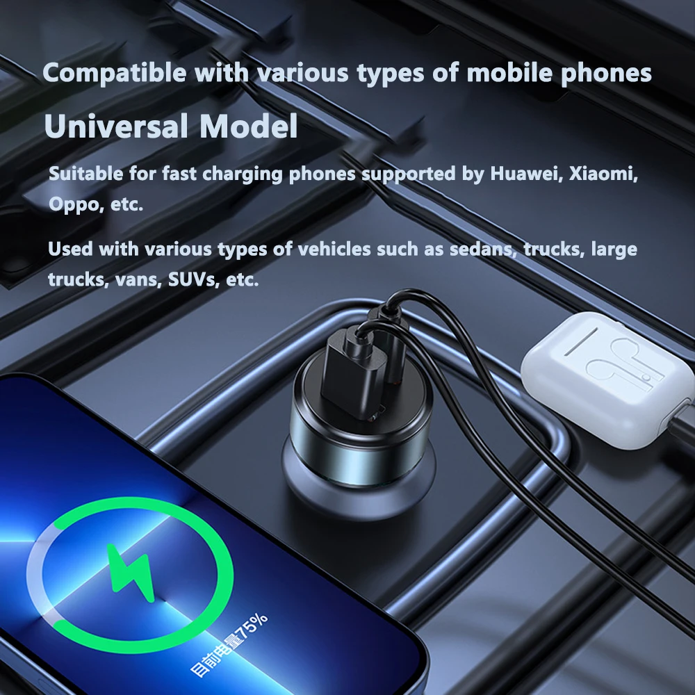 Universal Full Protocol Car Charger Super Fast Charging 100W One To Two QC Charging Head PD 30W Car Charger
