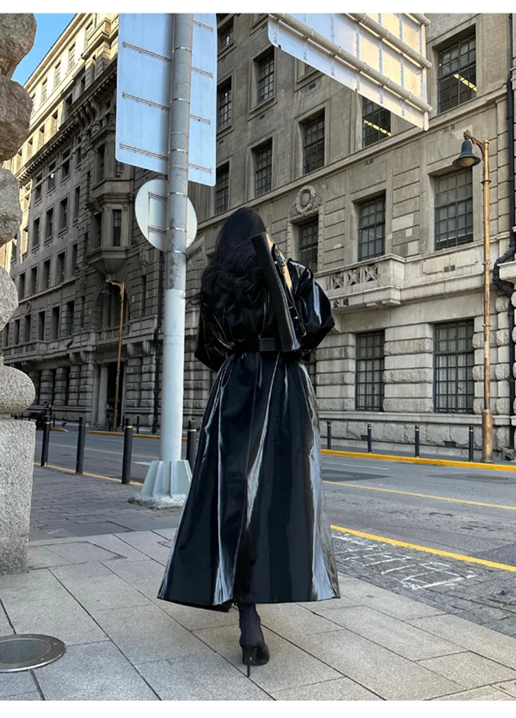 Lautaro Spring Autumn Extra Long Oversized Cool Reflective Shiny Black Patent Leather Trench Coat for Women Belt Runway Fashion