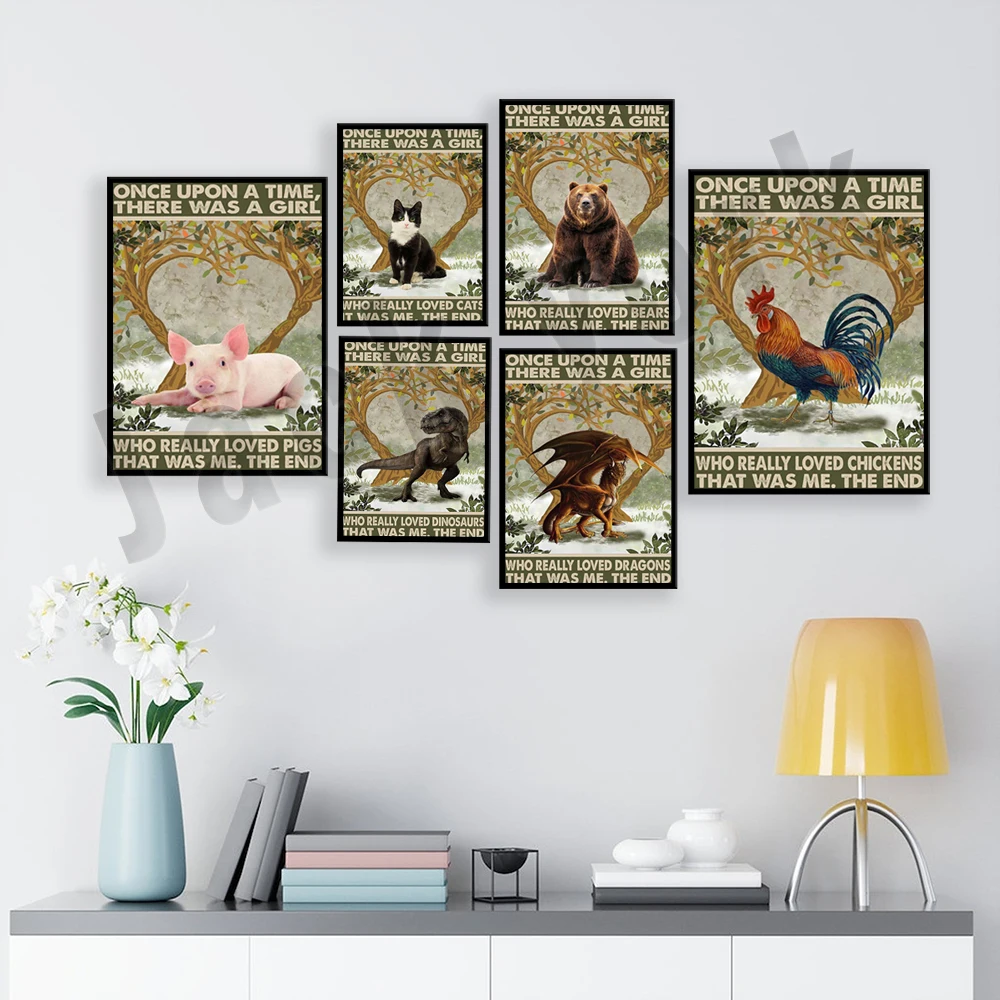 Once upon a time there was a girl who loved frogs, foxes, pigs, bears, chickens, dinosaurs, sloths, animals vintage poster print
