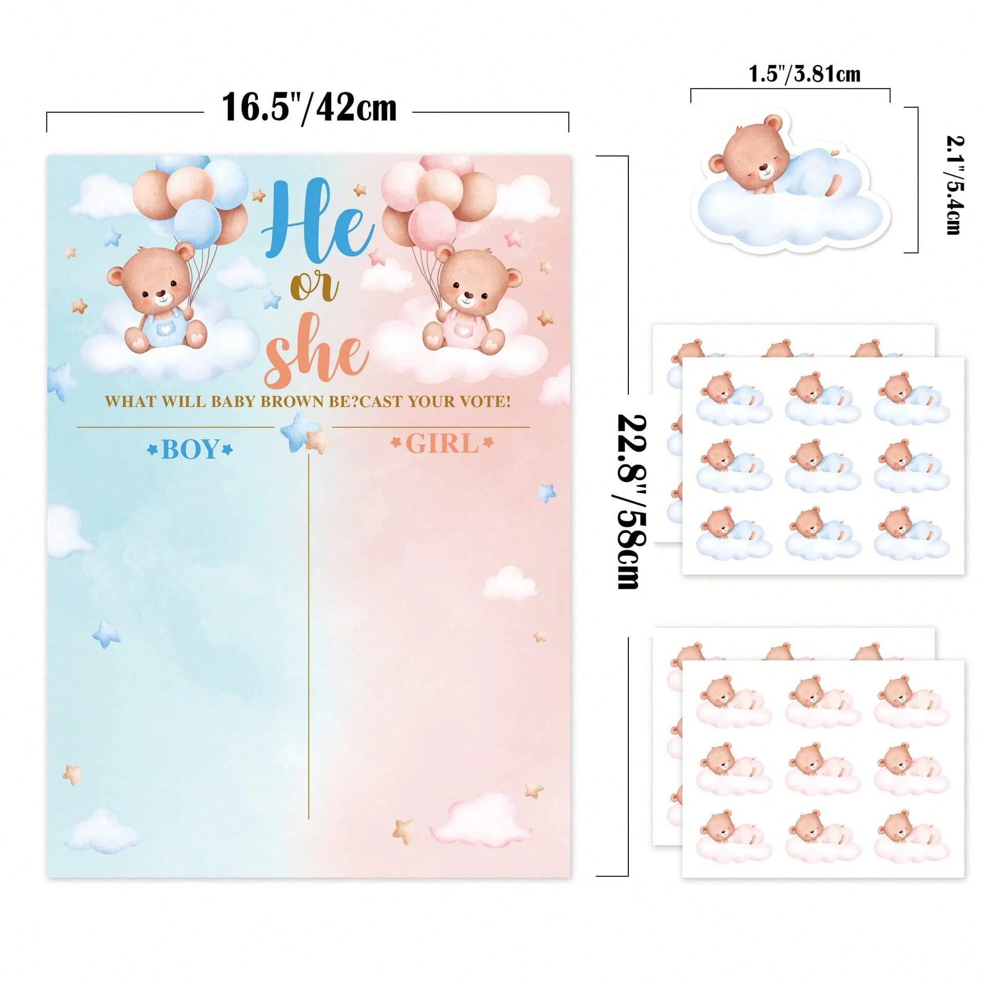 1Set Teddy Bear Gender Reveal Poster, Gender Reveal Voting Poster Party Games Kit with 36pcs Bear Pink and Blue Voting Stickers