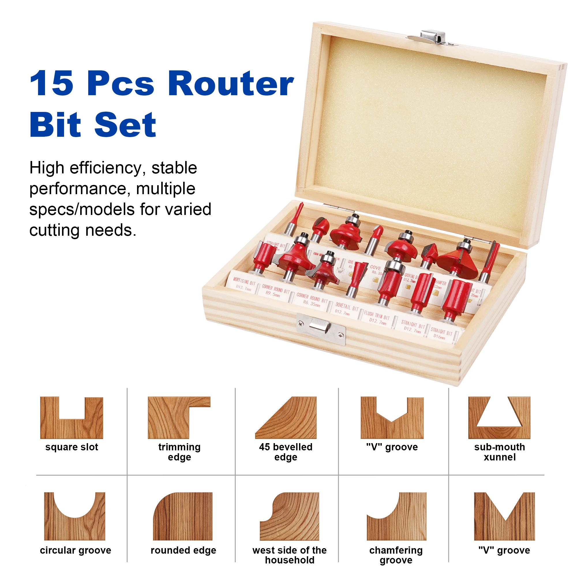 TwoTrees 6.35mm & 12.7mm Carbide Router Bits Set, Trimming Cutter 15Pcs, 3-Flute T-Slot Milling Bit for CNC Woodworking