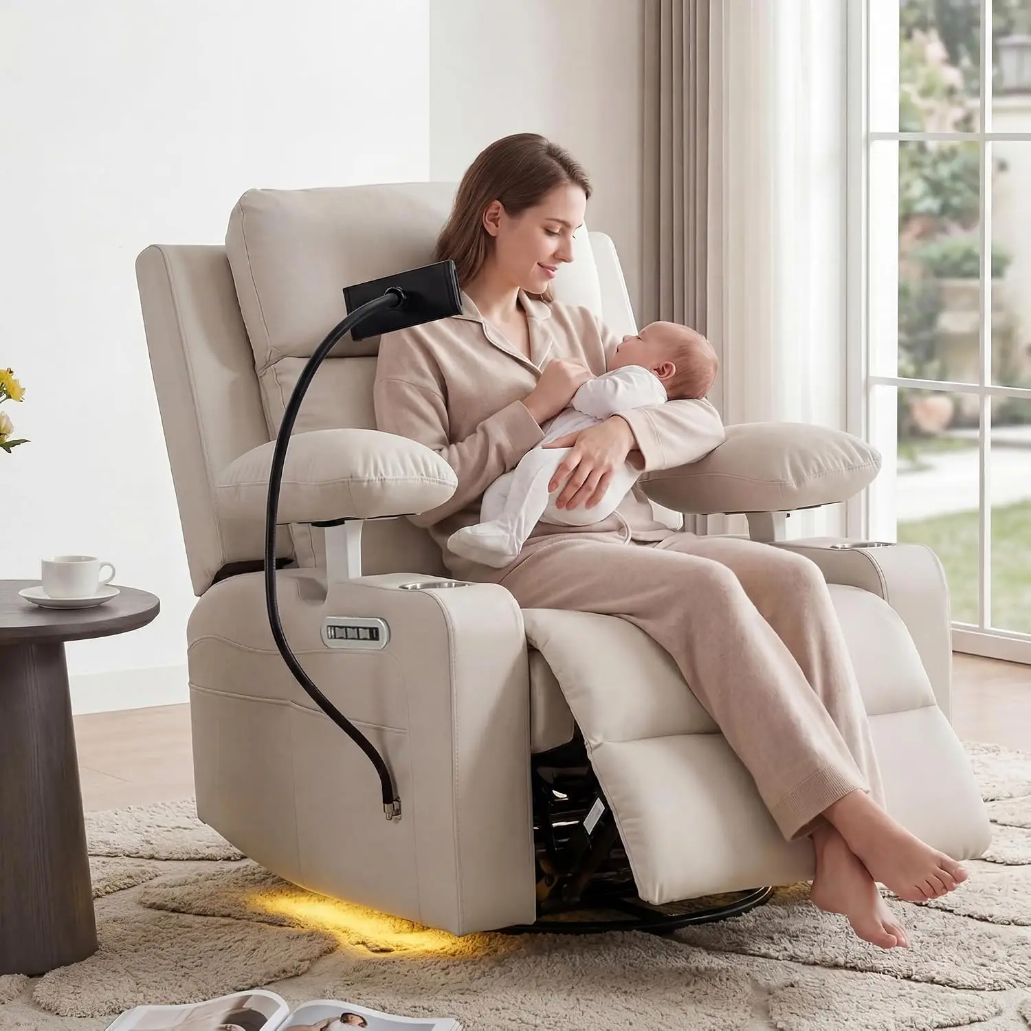 Rocking Chair Nursery with Adjustable Armrests,Power Recliner Chair, Beige, Customized