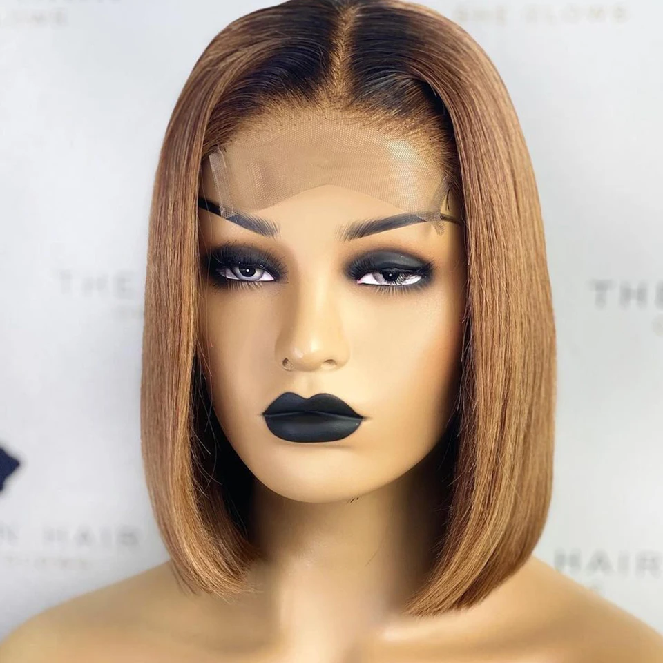 Soft Short Bob Ombre Blonde Straight 180Density Lace Front Wig For Black Women With Baby Hair Preplucked Natural Hairline Daily