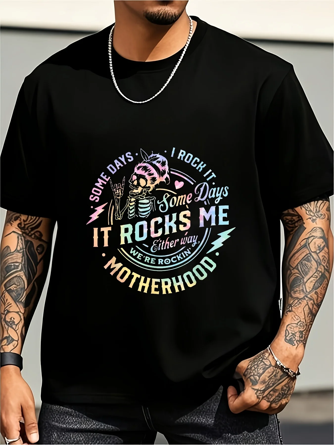 Fun Mom T-Shirt Sometimes I Conquer It, Sometimes It Conquers Me Black Graphic T-Shirt with Neon Pink and Teal Accents, Soft Stretchy Shirt, Unisex, Mother's Day Halloween Everplus Size Vintage Casual Round Neck Printed T-Shirt, Unisex