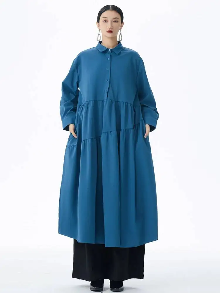 

Женское синее короткое плиссированное длинное элегантное платье-рубашка большого размера, новое модное платье с лацканами и длинными рукавами, весна-осень