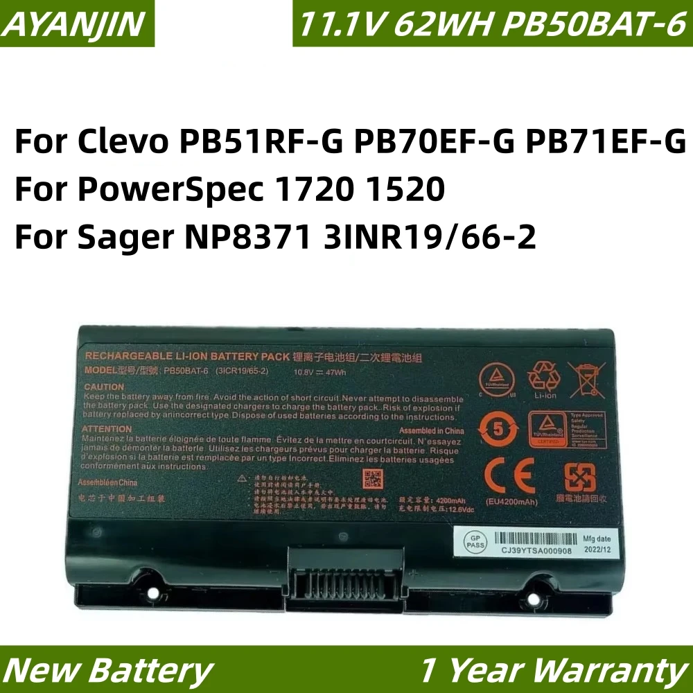 

PB50BAT-6 11.1V 62WH Laptop Battery For Clevo PB51RF-G PB70EF-G PB71EF-G For PowerSpec 1720 1520 For Sager NP8371 3INR19/66-2