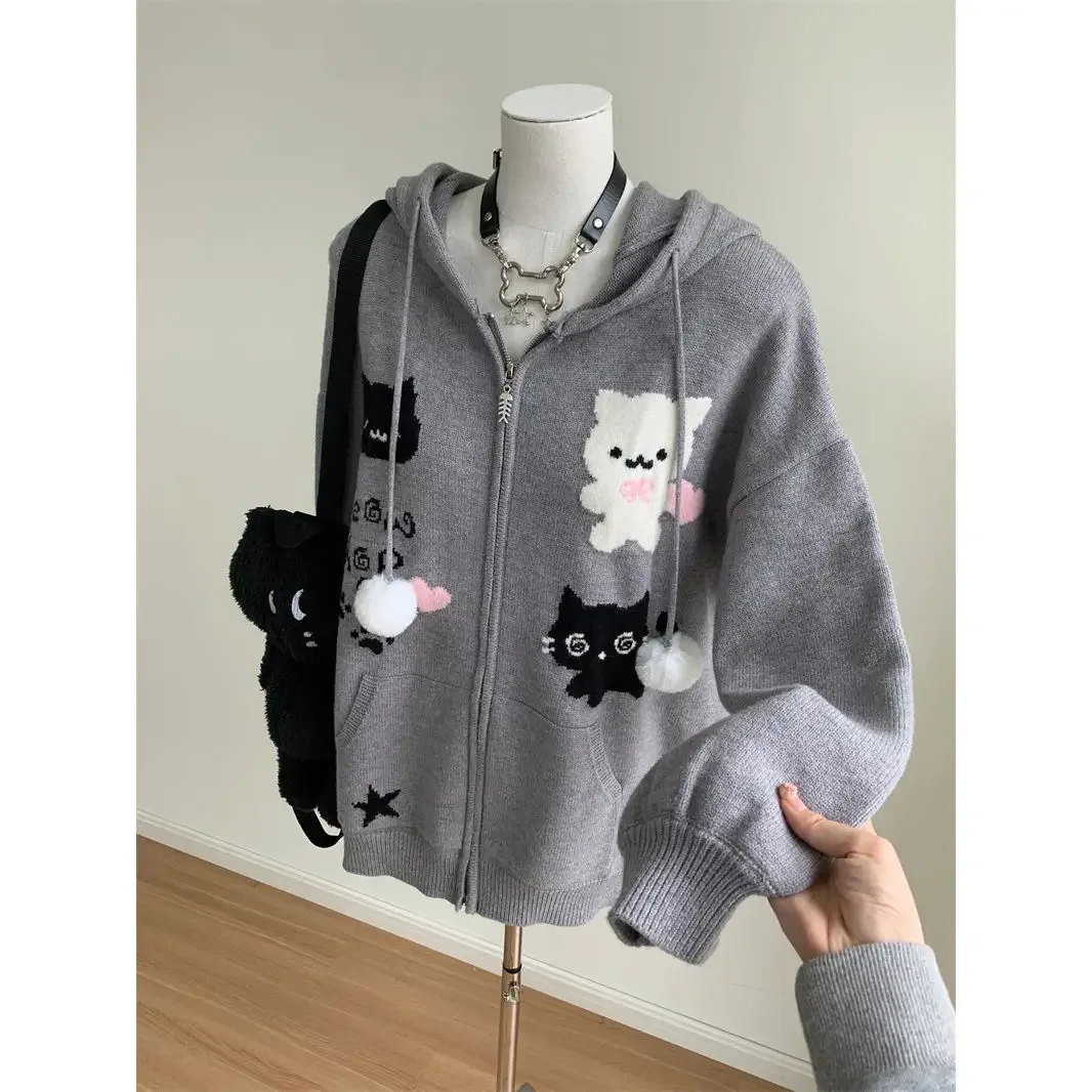 High Quality Cute Cat Kitten Embroidery Sweater Hoodie Gray Loose Baggy Sweatshirt Jacket Coat Grunge E-girl Japanese Jumper Top