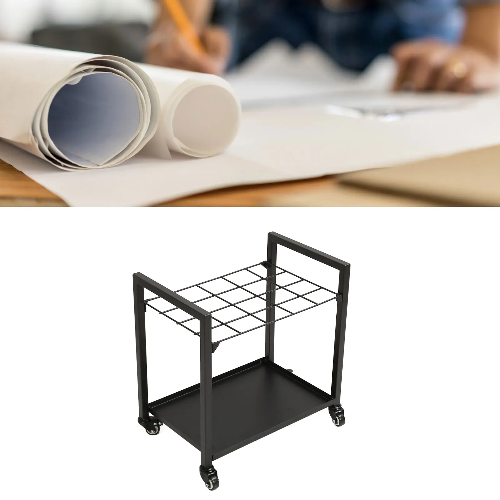 20 Slots Blueprint Storage Rack Cart Blueprint Roll File Holder Metal Blueprint Holder with Wheels for Office School