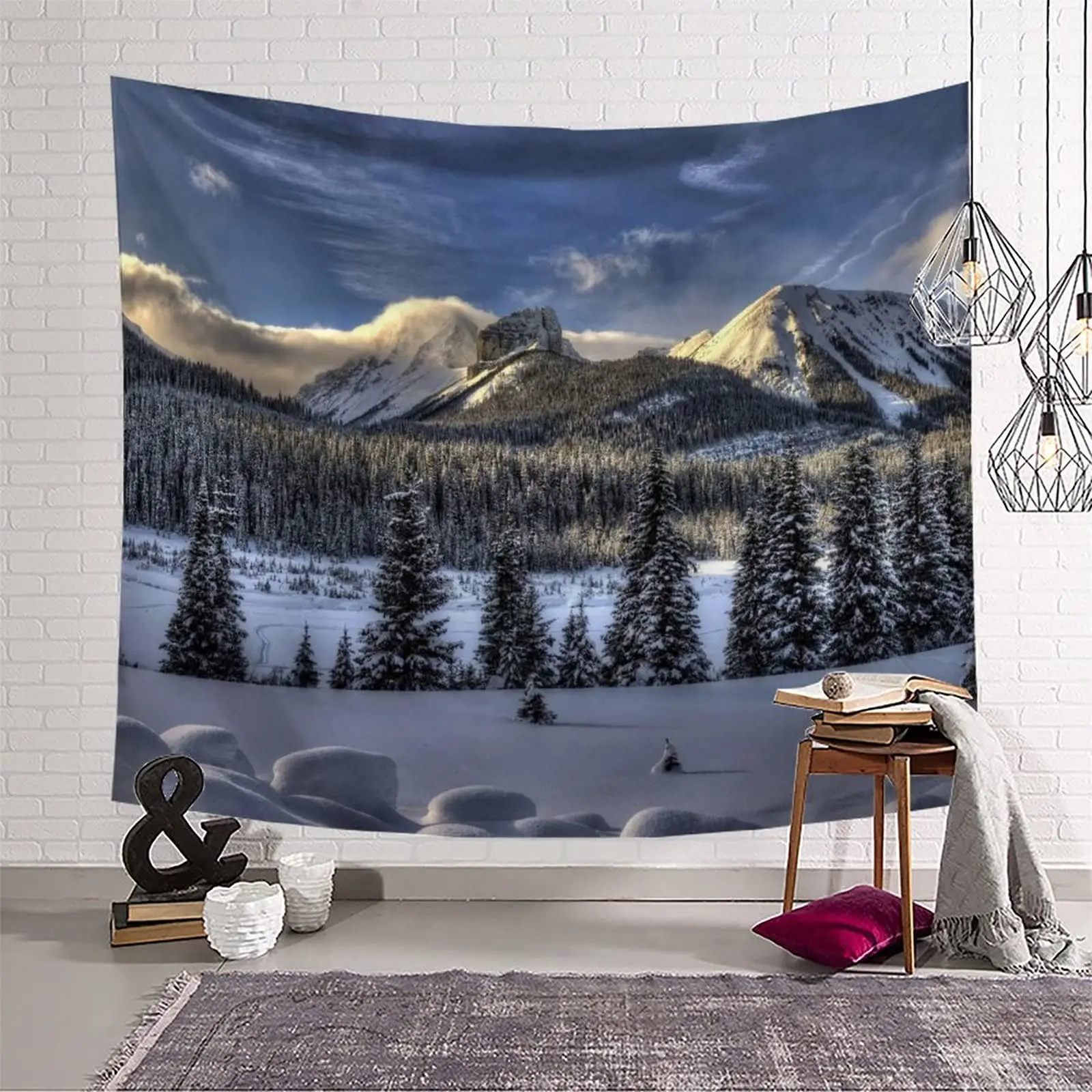 Winter Tapestry Forest Snowy Pine Tree Tapestry Sunrise Nature Scenery Tapestry Wall Hanging Decor for Bedroom Living Room Dorm