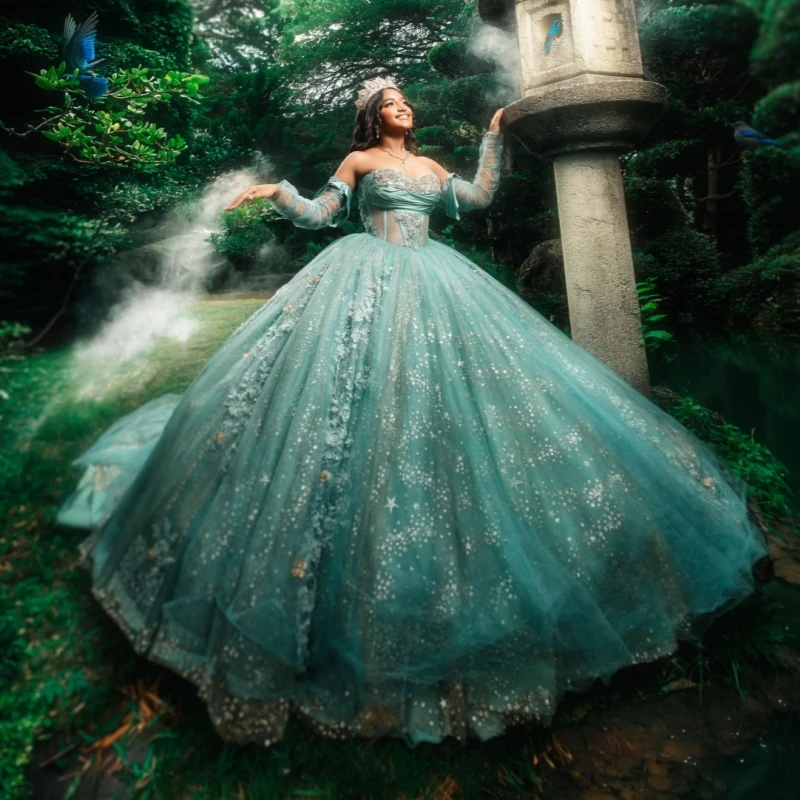 

Mint Green Shiny Ball Gown Quinceanera Dresses Applique Lace Beading Crystal Tull Corset Tull Off Shoulder Sweet 16 Dress Vestid