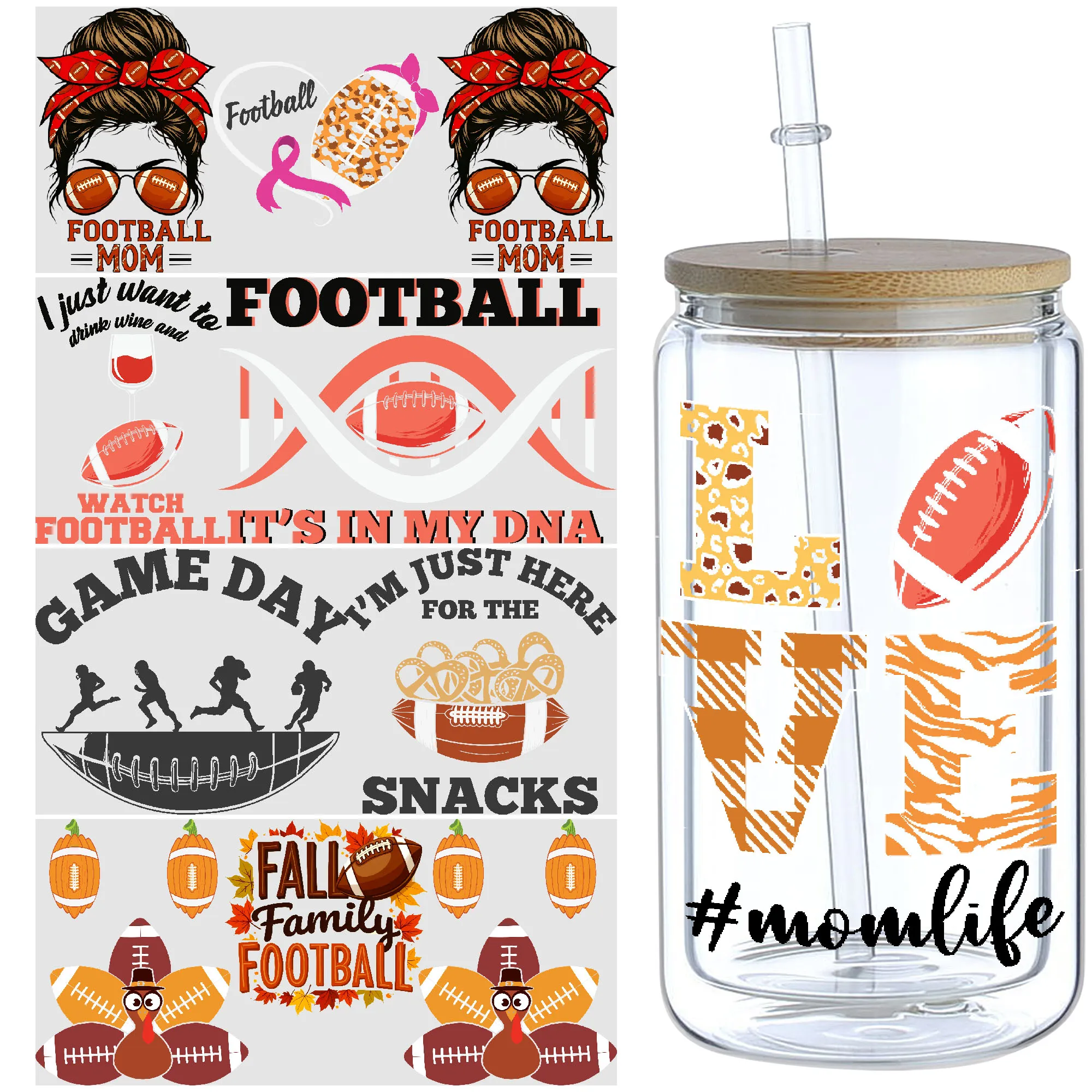 5 Blatt Fußball-UV-DTF-Becheraufkleber, DTF-Transferaufkleber für Glasbecher, wasserfestes, abwischbares Transferpapier für 16-Unzen-Glas