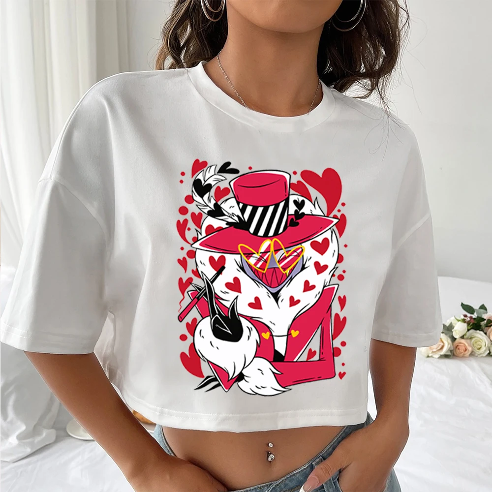 

Hazbin Hotel Рубашка с графическим дизайном Женская укороченная футболка с круглым вырезом и короткими рукавами