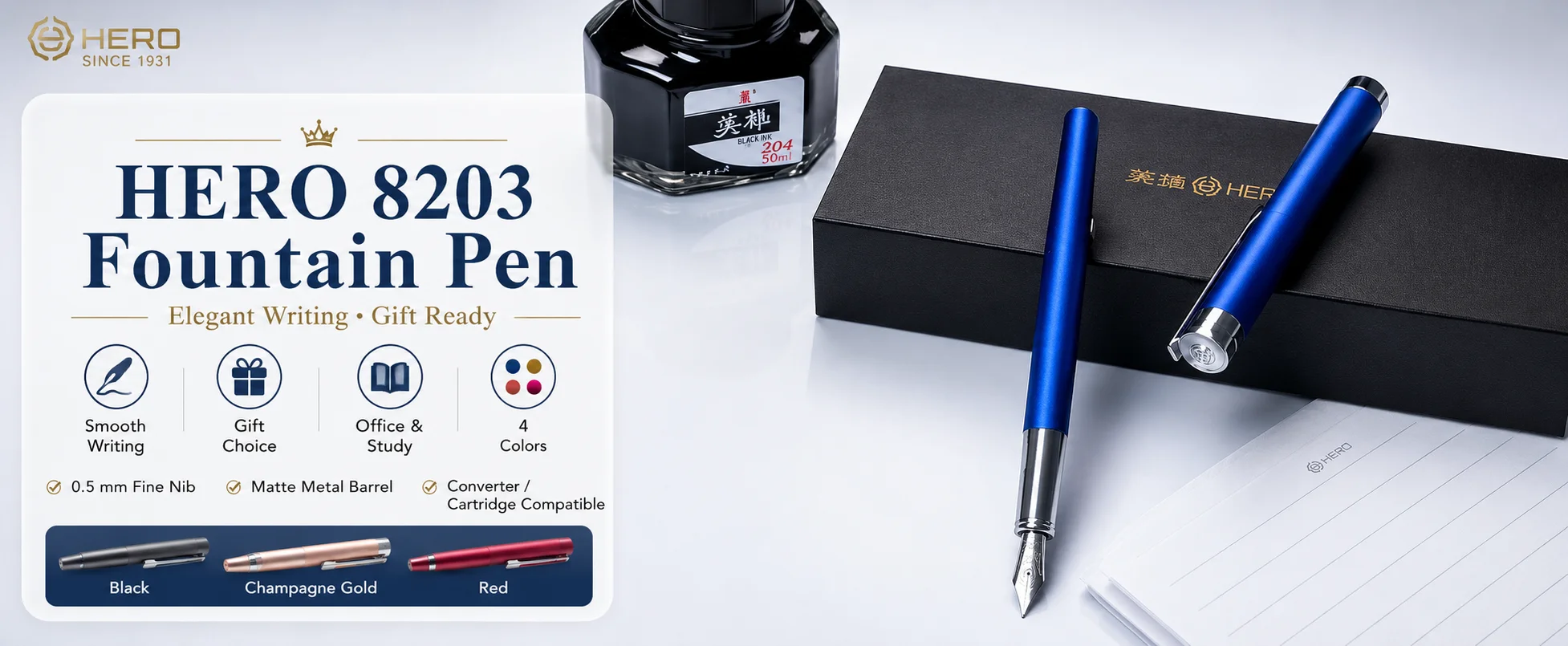 HERO 8203 Füllfederhalter, 0,5 mm Edelstahl-Iridium-Feder, 4 Farben, Geschenkbox, drehbarer Tintenkonverter, rutschfest zum Schreiben – Detail 1