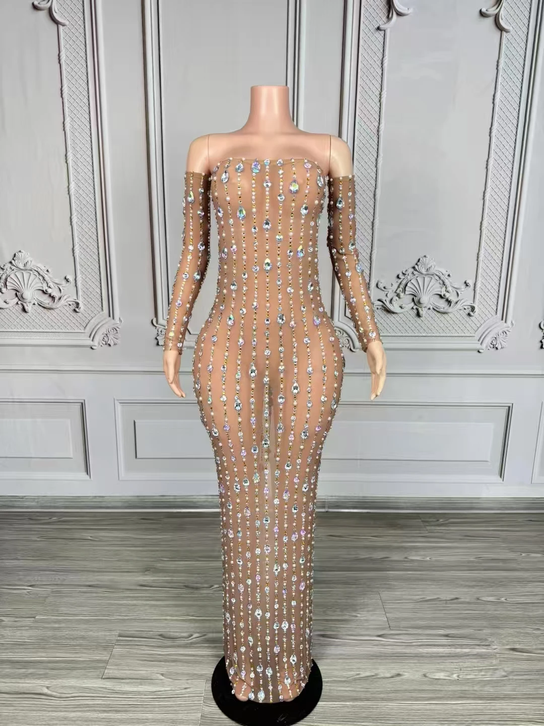 

Party Dress Rhinestones Long Tube DressGloves Women Sexy Transparent Celebrate EveningProm Birthday Dress Photo Shoot D202