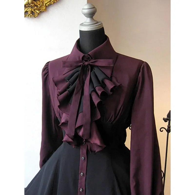 Robes Lolita gothiques rétro médiévales pour femmes, col à nœud, plissé, à lacets, gothique, noir, vintage, chic, 208.ken