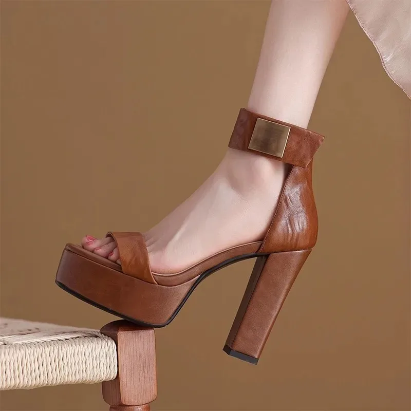 

Super High Heel Sandals One Buckle Strap Open Toe Bag Heel Platform Roman Women's Shoes Fashion