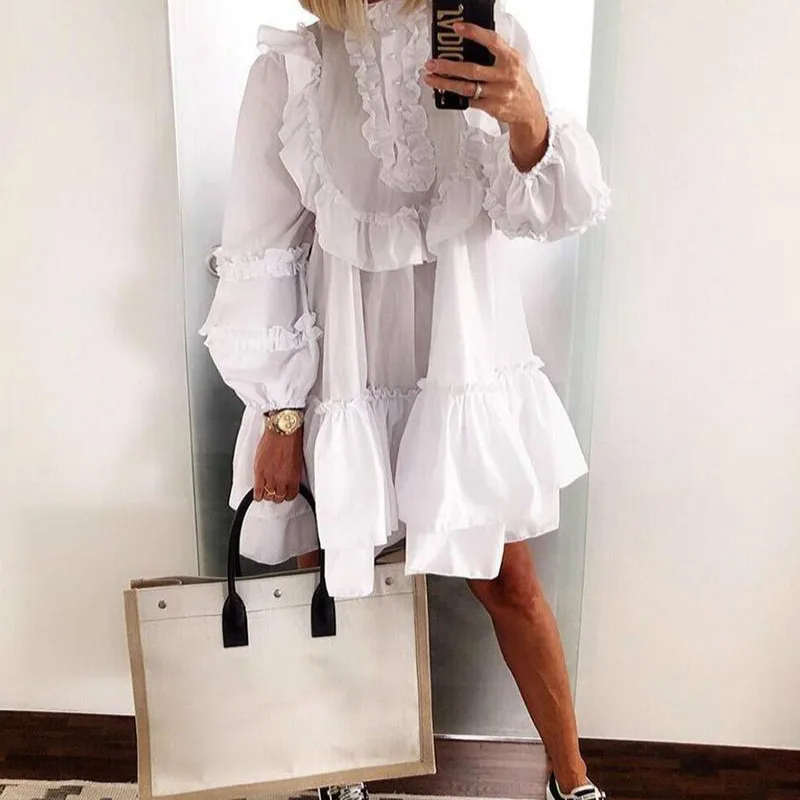 Female Fashion White Sexy Ruffle A-Line Party Dress Lantern Long Sleeve Dress Autumn Women Elegant Neck Button Loose Mini Dress