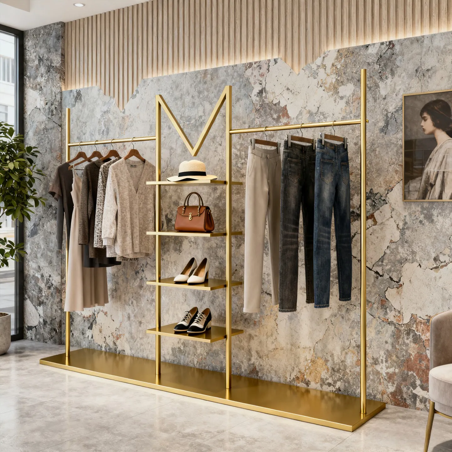 

Промышленная напольная вешалка для одежды из кованого железа с ламинированным покрытием в ретро-стиле для магазинов женской одежды