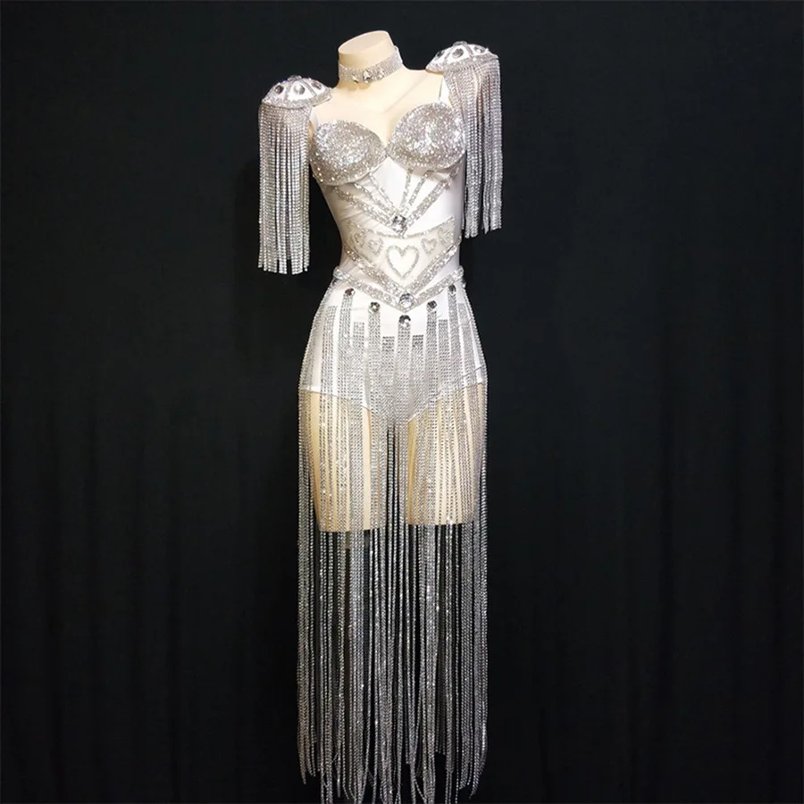 Summer New Camisole Full Diamond Tassel Long Dress For Female Singer Dancer Stage Performance Costume Model Runway Show Clothing