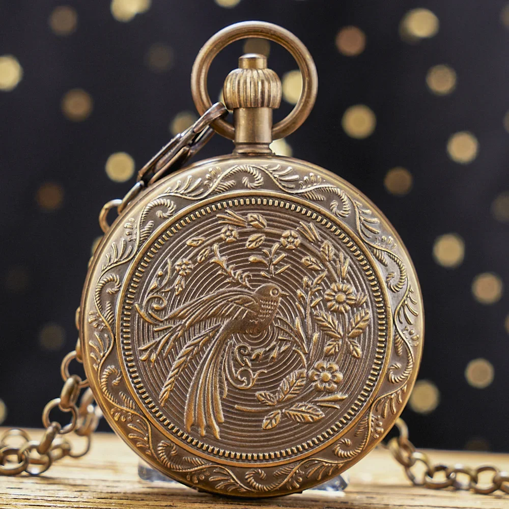 Pure copper pocket watch, happy on the branch flip retro pendant mechanical engraving double open pocket watch magpie,