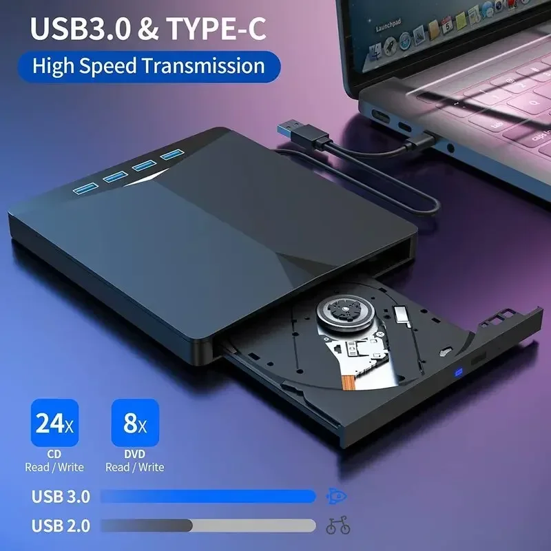 7-in-1 USB 3.0 Type C External DVD Burner CD RW Optical Drives TF SD DVD Recorder Reader Player Tray Type For Laptop PC Desktop