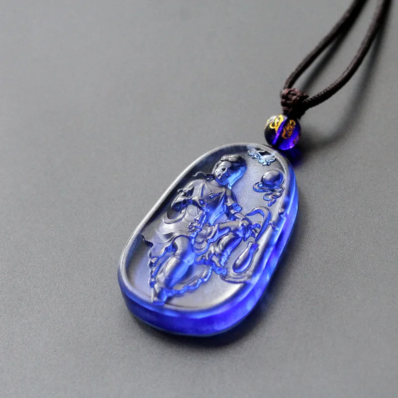 Chinese Style Good Luck Blessing Blue Colored Glaze Guanyin Bodhisattva Pendant Necklace Adjustable Rope Spiritual Protection