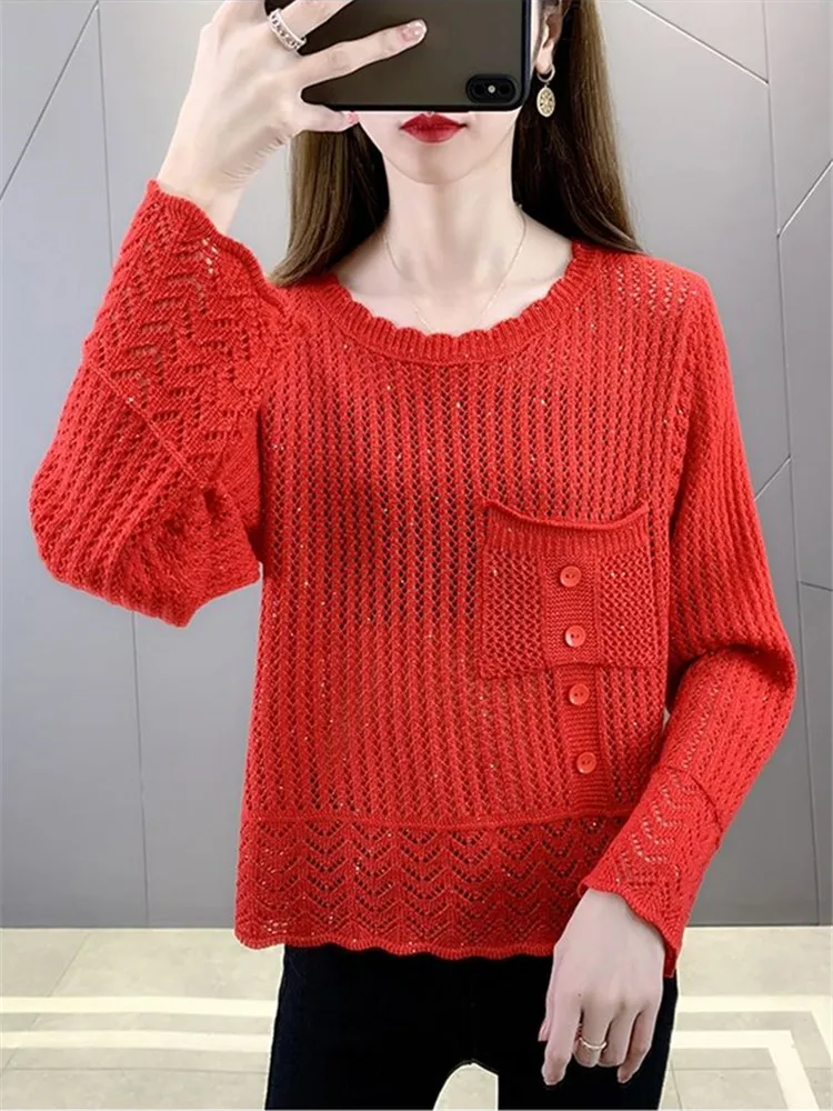 Spring Autumn New Sweaters Solid Color Round Neck Long Sleeve Loose Hollow Out Knitting Pullovers Women Thin Style Pockets Tops