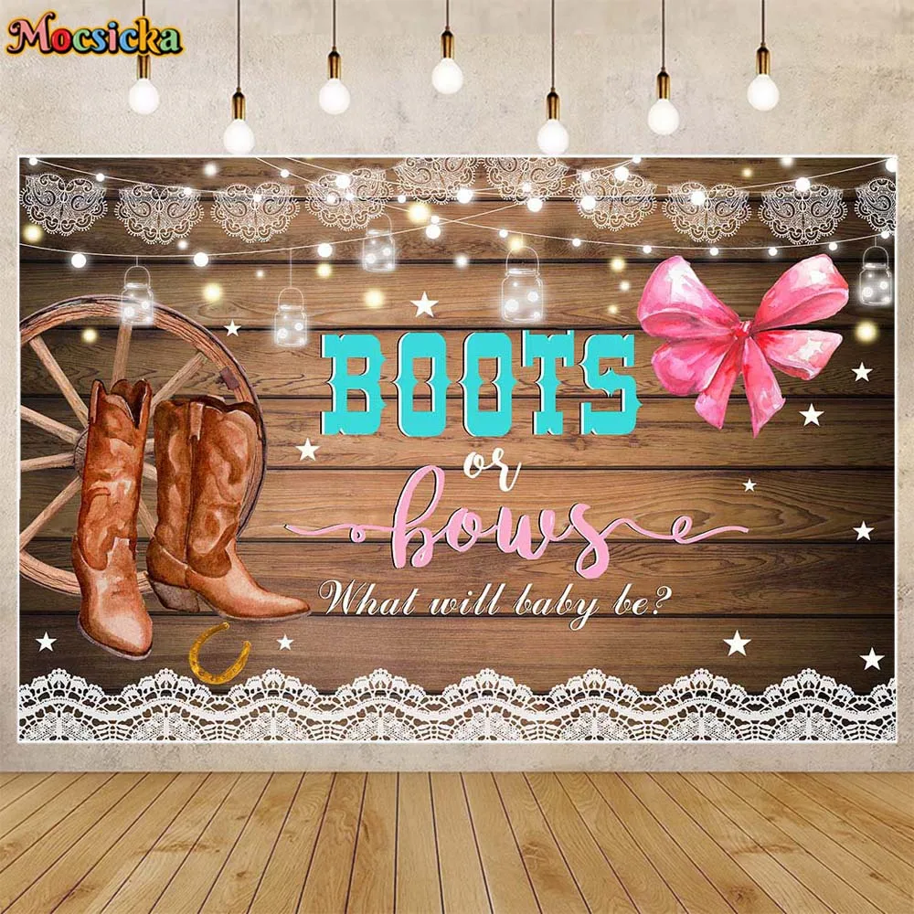 

Mocsicka Boots or Bows Gender Reveal Backdrop Newborn Welcome Party Decor Brown Wooden Photography Background Photo Studio Props