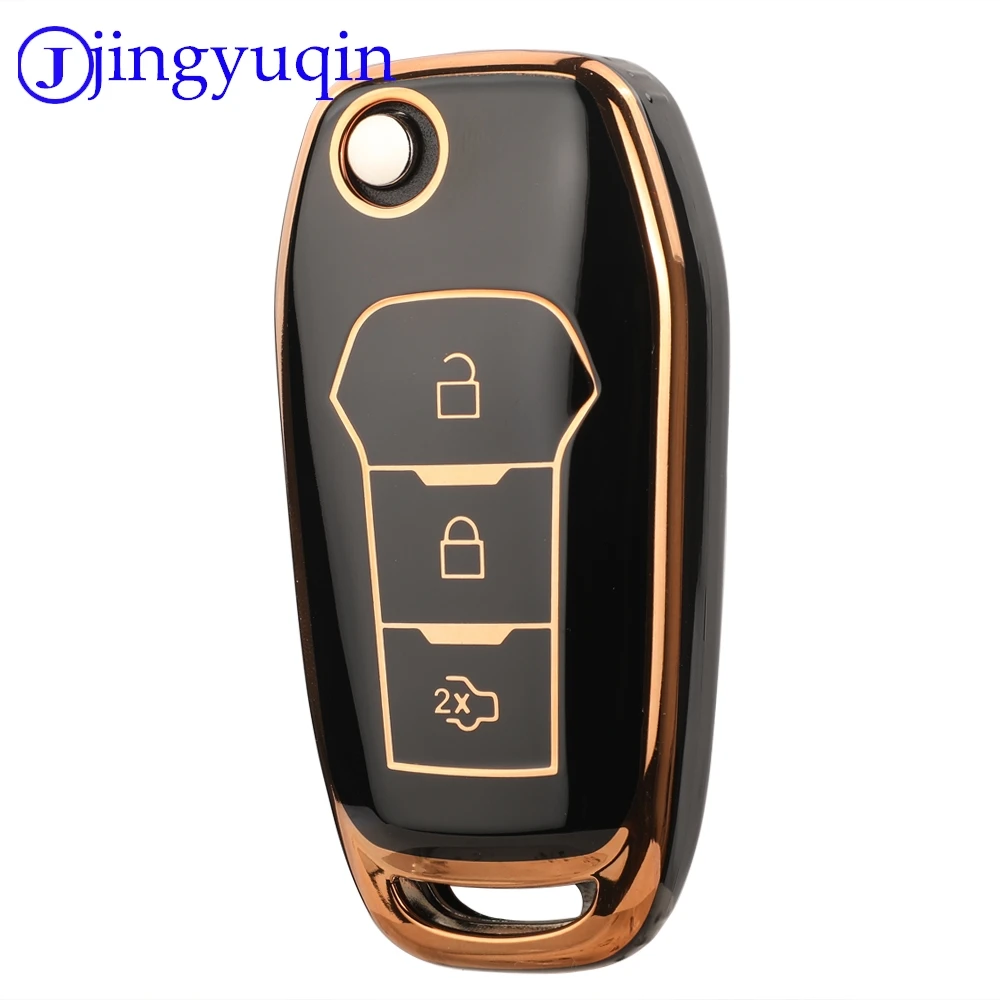 Jingyuqin TPU-Auto-Fernbedienungsschlüssel-Schutzhülle für Ford 3-Tasten, glänzende Oberfläche, Goldrand, schwarz, weiß, grau, sicher, langlebig