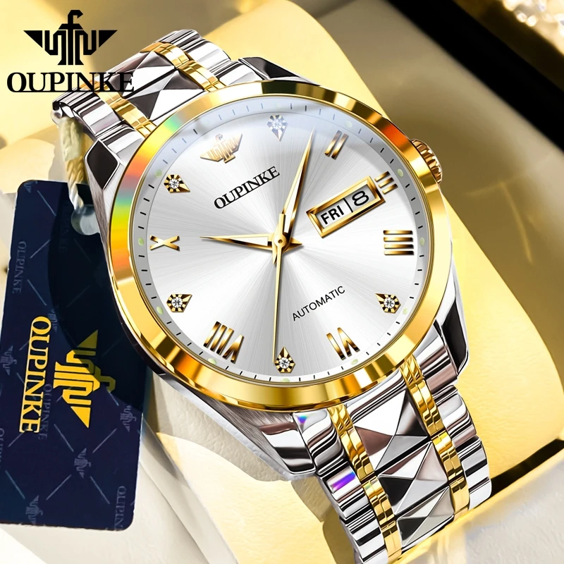 

OUPINKE 3171 Top Brand Men's Automatic Mechanical Watches Simple Dual Calendar Tungsten Steel Waterproof Original Wristwatch