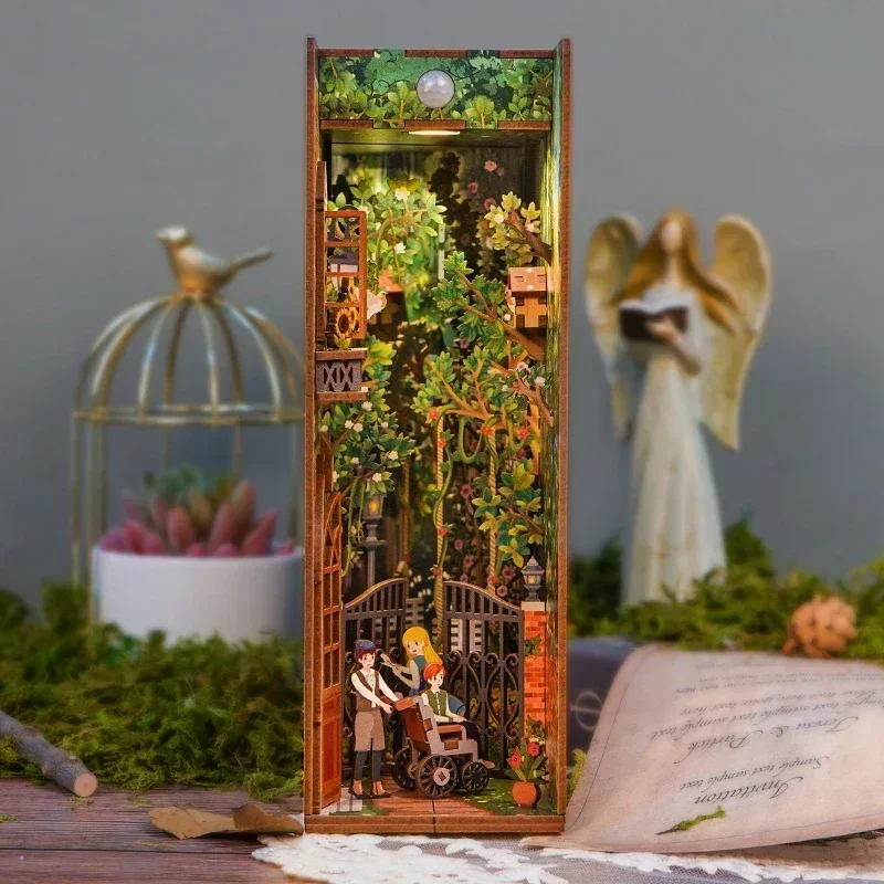 Miniature Secret Garden Bookends DIY Wooden Book Nook Shelf Insert Kit Bookshelf Doll Houses Toys