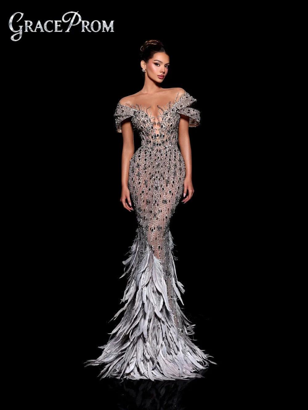 

Luxurious Feather Rhinestone Evening Dress Romantic Off - Shoulder Evening Gown Charming Mermaid Floor - Length Party Gown