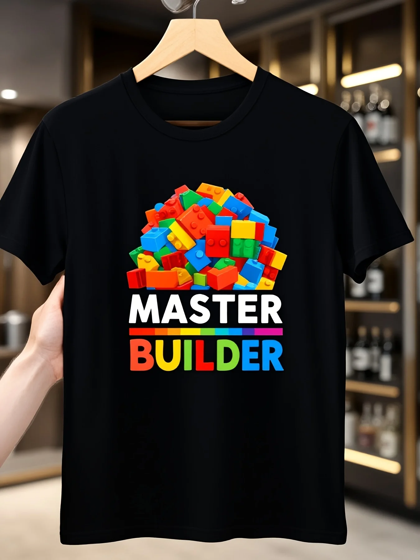 Men's casual crew neck T-shirt, featuring a colorful block pattern with a 