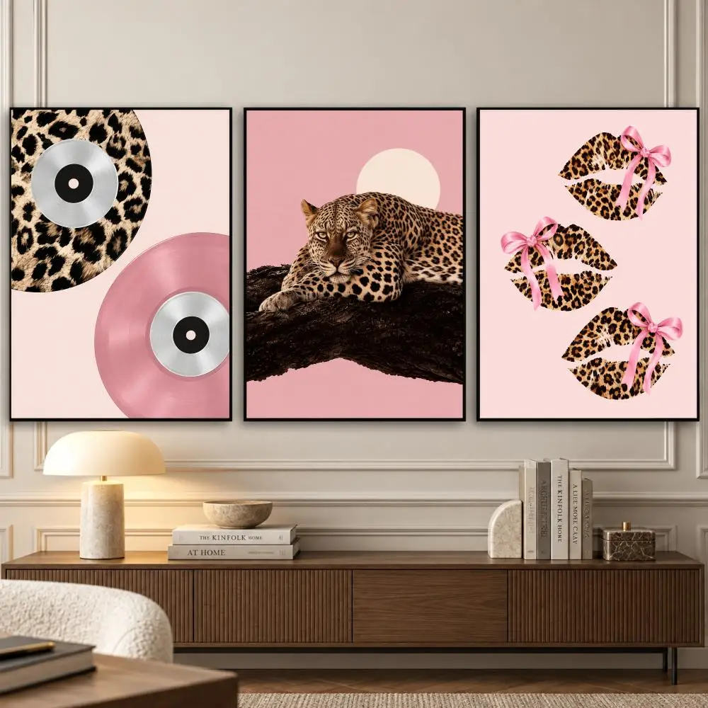 Pink Leopard Vinyl Painting Calligraphy 3 PCS Vintage Fashion Canvas Wall Art Prints for Living Room Decor