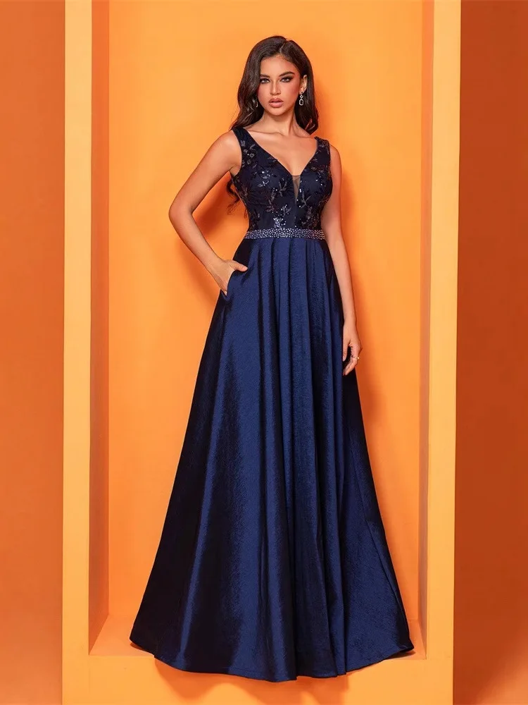 

Сексуальное вечернее платье длиной до пола с глубоким V-образным вырезом и блестками Ele Svel, трапециевидное платье для выпускного вечера с низкой талией, шелковый полиэстер