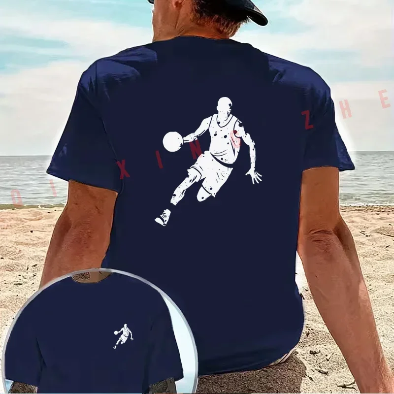 Distressed Dribbling Basketball Player Graphic Motorcycle T-Shirt Cotton Double-Sided Print Men Short Sleeve Summer Casual Tops
