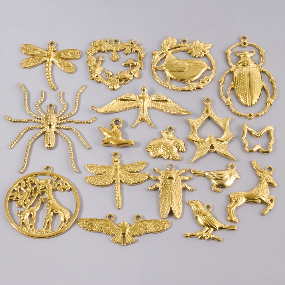 

6pcs Real Gold Plated Bat Wing Rabbit Dragonfly Flying Animal Pendant Stainless Steel Charm For Jewelry Making Bulk DIY Findings