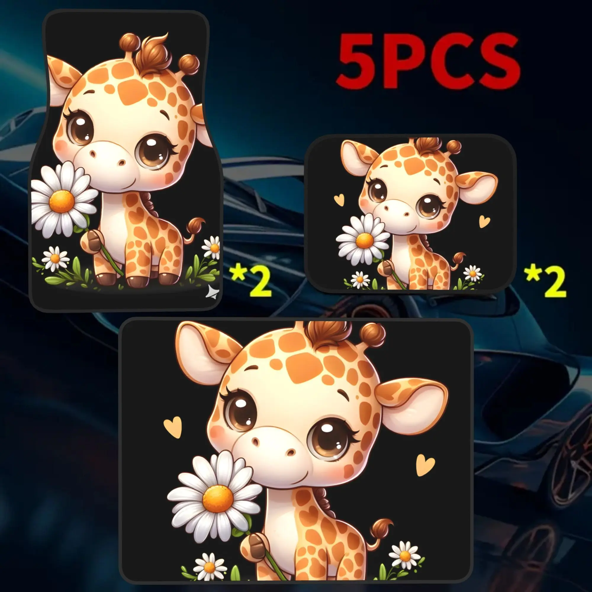 5pcs Sweet Baby Giraffe: Chibi Giraffe With Orange Spots Sniffing A White Daisy 5pcs Set Of Car Floor Mats And Trunk Mats, Durab