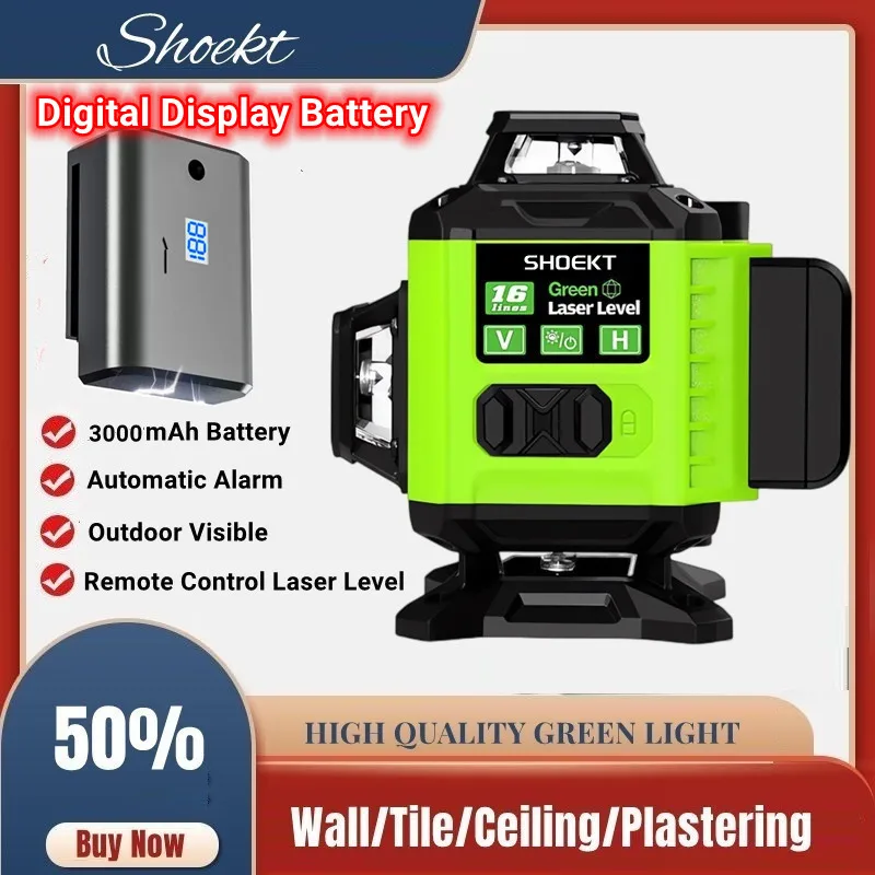 12 /16 Lines Laser Level 3D/4D 3° Cross Line Laser Leveler Multifunction & Remote Control Green Beam Lines with Li-ion Battery