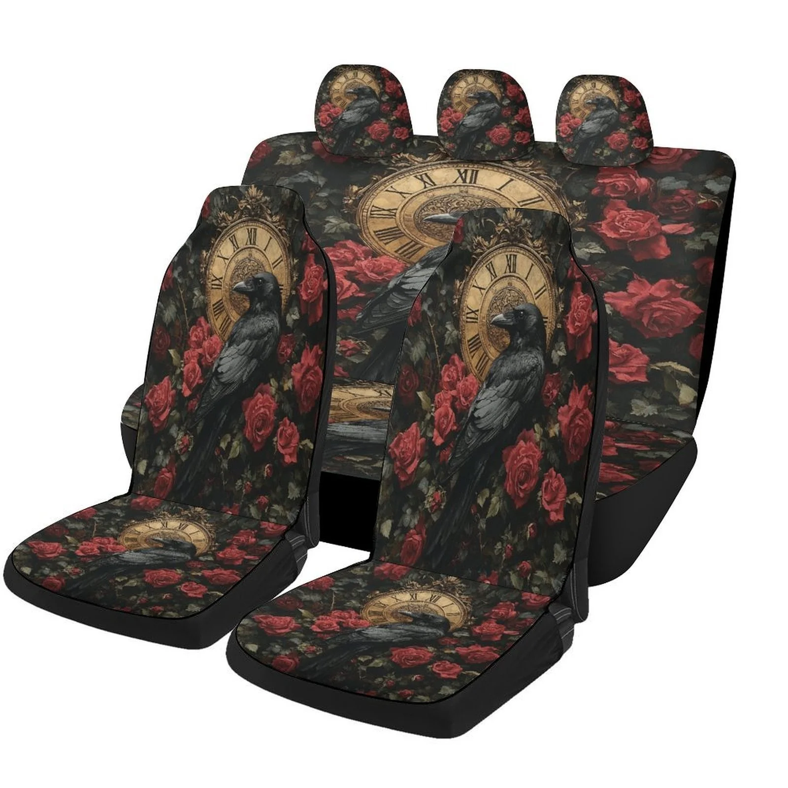 Raven Roses Clock Themed Car Seat Cover Set For Most Cars, Trendy High-quality Car Seat Protector Covers Full Set, Universal Car