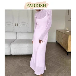 FADDISH 2024 Spring Summer Women Fashion Round Neck Knitting Hollow Out Long Sleeve Dress + Casual Vest Dresses Set Female