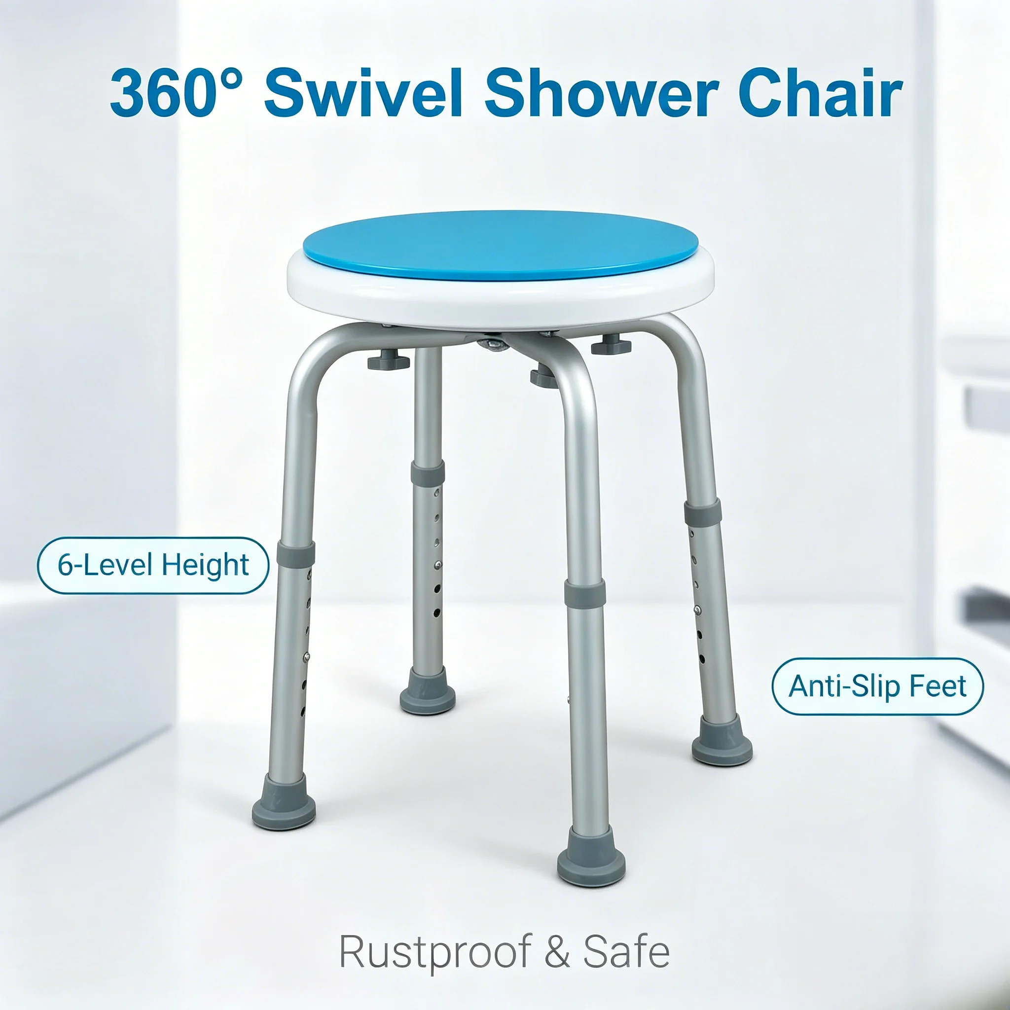 360° Rotating Round Aluminum Shower Stool 6 Height Adjustable Non-slip Bath Seat for Seniors Disabled Pregnant Women
