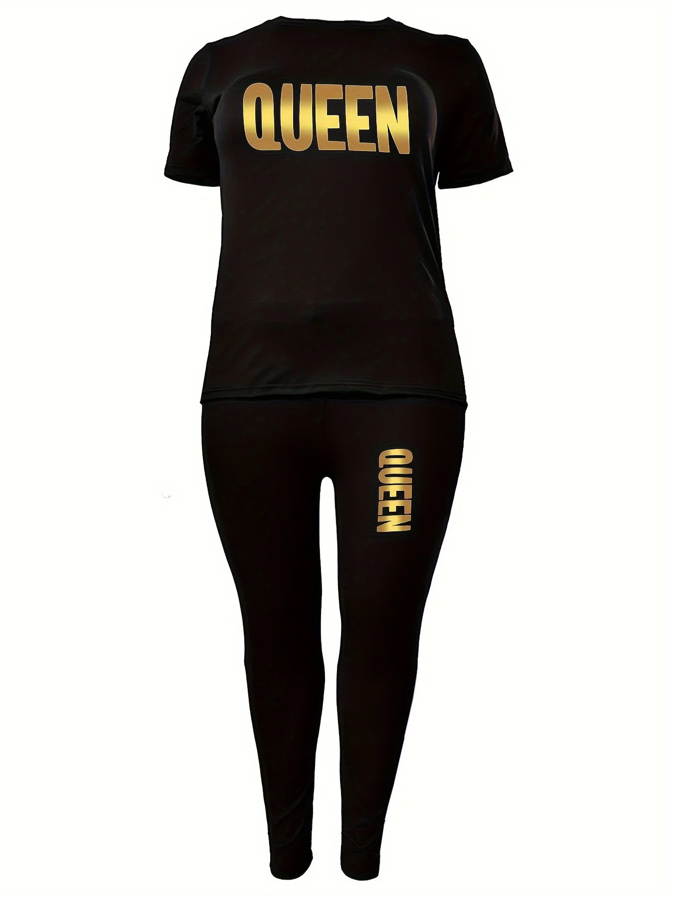 Women\'s Sports Outfit Set, Plus Size Short Sleeve Queen Letter Print Crew Neck T-shirt Top & Pants Fitness 2 Piece Set